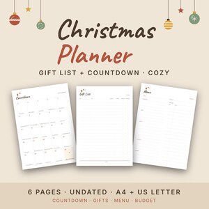 May include: A Christmas planner set featuring three white pages with dark text and festive ornaments. The pages include a countdown calendar, a gift list, and a menu planner. The text reads Christmas Planner, Gift List + Countdown, Cozy, 6 Pages, Undated, A4 + US Letter, Countdown, Gifts, Menu, Budget.