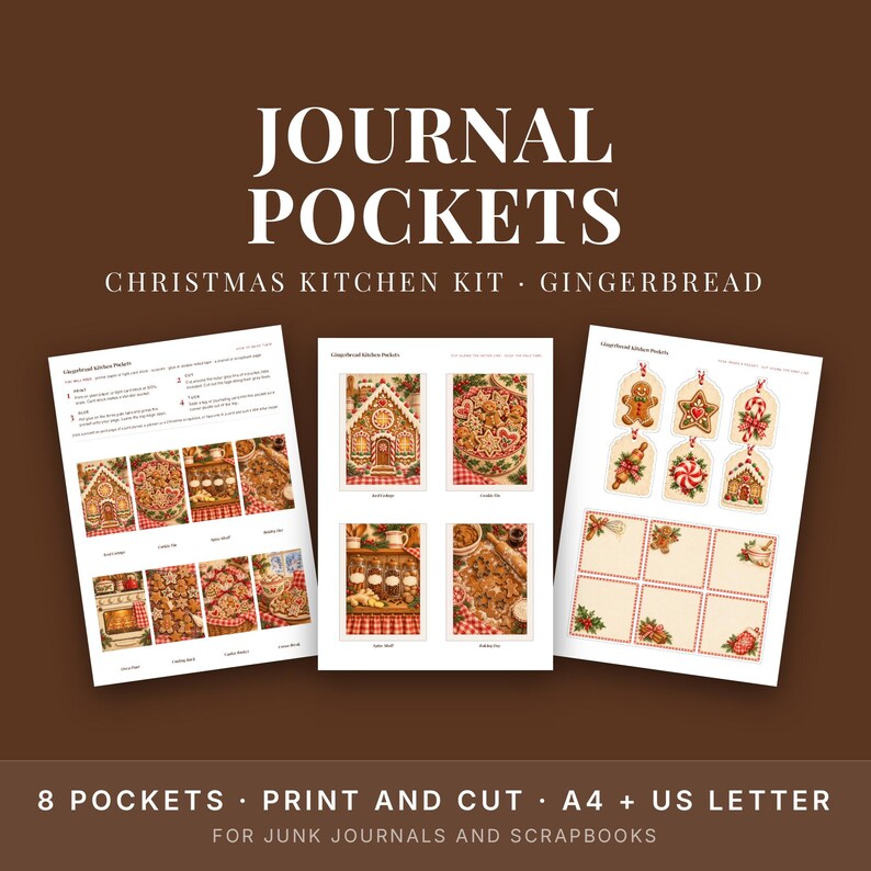 Gingerbread Junk Journal Pockets Printable, Christmas Baking Ephemera, Interactive Kit image 1