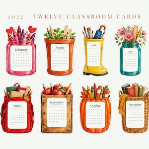 2027 Teacher Desk Calendar, Printable Watercolor Classroom Cut-Out Cards with Stand image 3