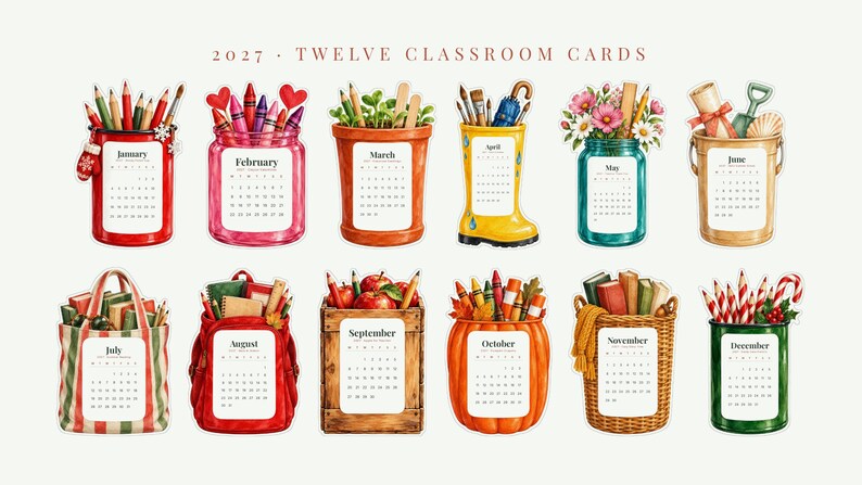 2027 Teacher Desk Calendar, Printable Watercolor Classroom Cut-Out Cards with Stand image 3