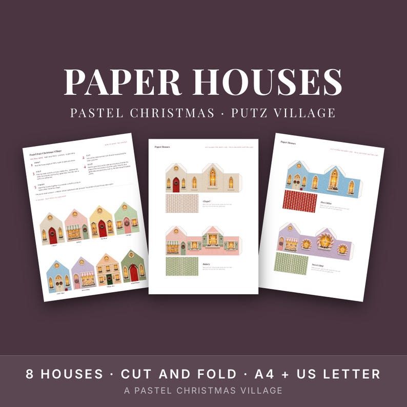 Christmas Village Printable Paper Houses, Pastel Putz House Template, 3D Paper Craft image 1