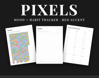 Red Year in Pixels Printable, Yearly Mood Tracker, Habit Tracker Bundle, Undated