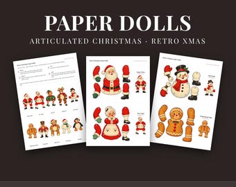 Muñecos de papel navideños para imprimir, 10 marionetas articuladas retro de Papá Noel, manualidad navideña para niños