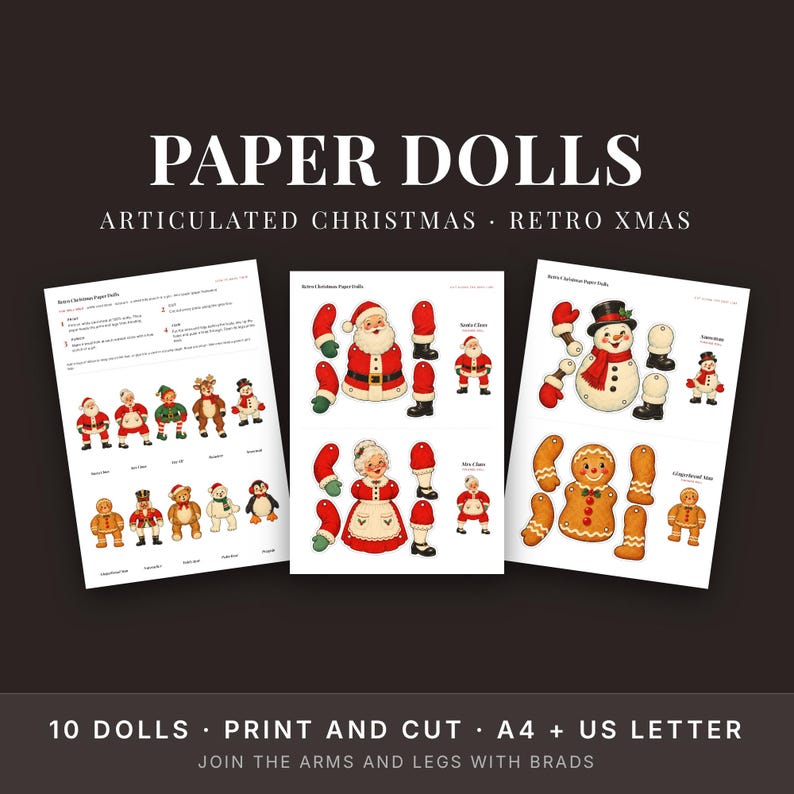 Christmas Paper Dolls Printable, 10 Articulated Retro Santa Puppets, Kids Christmas Craft image 1