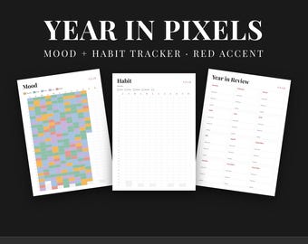 Anno Rosso in Pixel Stampabile, Tracker dell'Umore Annuale, Pacchetto Tracker delle Abitudini, Senza Data