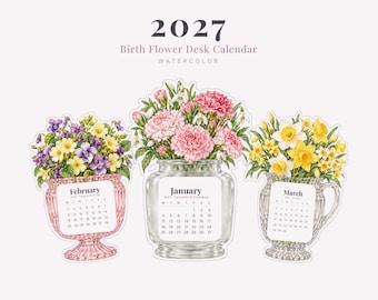 2027 Birth Flower Desk Calendar, Watercolor Printable Cut-Out Cards with Stand