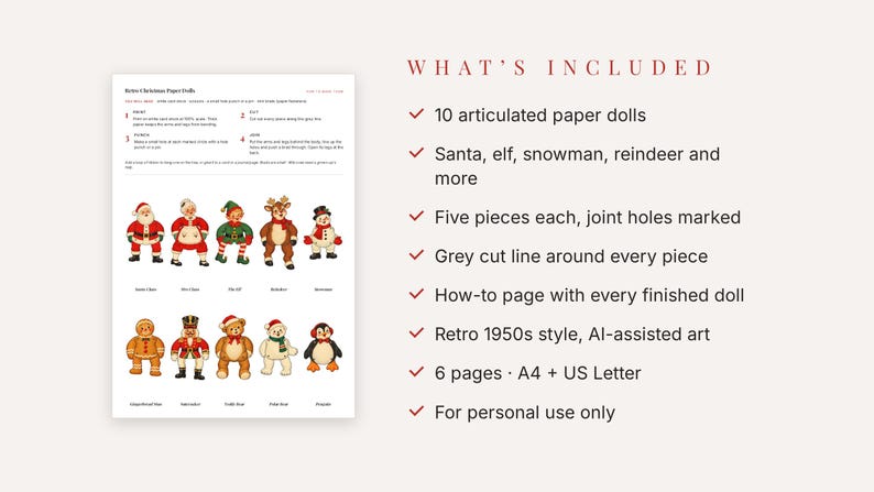Christmas Paper Dolls Printable, 10 Articulated Retro Santa Puppets, Kids Christmas Craft image 3