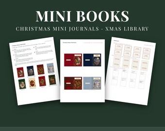 May include: Three printable sheets featuring MINI BOOKS, CHRISTMAS MINI JOURNALS, and XMAS LIBRARY. The pages display instructions, book cover designs in red, blue, and green, and library card templates for 8 mini books, cut and fold, A4 + US letter.