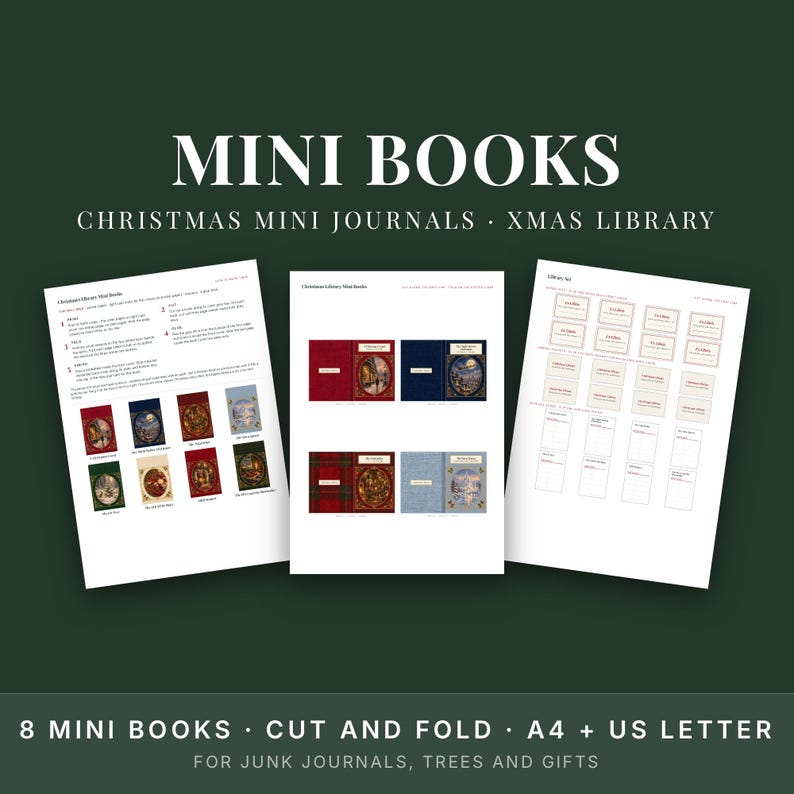 Christmas Mini Books Printable, Vintage Library Mini Journal Kit, Junk Journal Ornament image 1