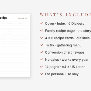 Red Family Recipe Binder Printable, Recipe Book Kit, 4x6 Recipe Cards, Dividers, Undated image 3