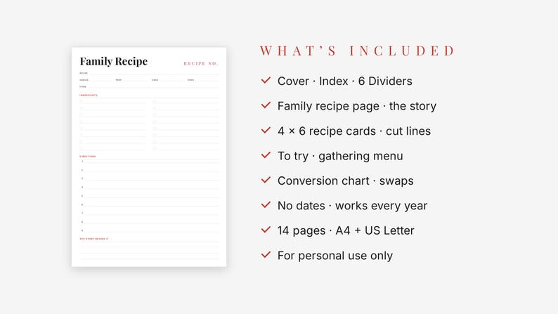 Red Family Recipe Binder Printable, Recipe Book Kit, 4x6 Recipe Cards, Dividers, Undated image 3