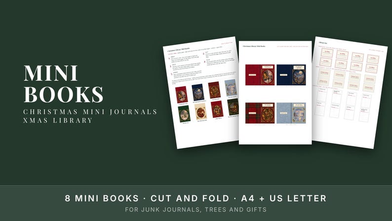 Christmas Mini Books Printable, Vintage Library Mini Journal Kit, Junk Journal Ornament image 2
