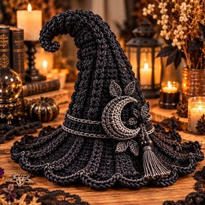 Patrón de gorro de bruja a crochet, diseño de luna creciente negra, descarga digital en PDF.