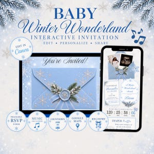 May include: A digital Baby Winter Wonderland interactive invitation template featuring a light blue envelope with a snowflake wax seal, pine branches, and a smartphone display showing event details, a countdown timer, and RSVP form options.