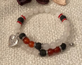 Red and White Jade memory wire bracelet with Lava beads and Tibetan silver heart shaped charm
