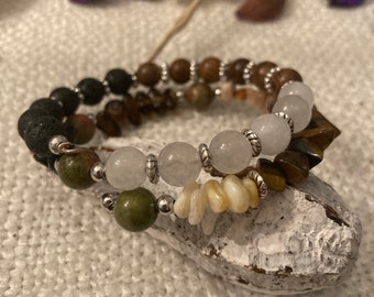 Unisex wood, White Jade, Lava stone and gemstone beads with silver spacers