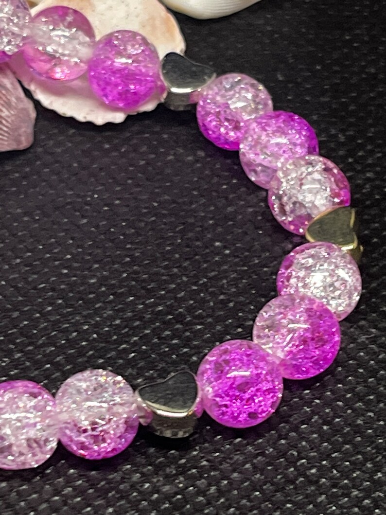 Crackled quartz Beaded Bracelet 6.5 beautiful pink and clear crackled quartz beads with heart spacers. Stackable bracelet. image 2