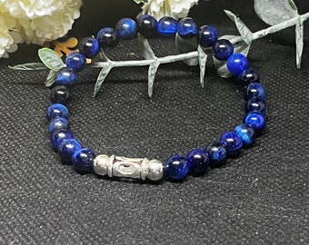 Lapis Lazuli Tiger Eye bracelet with silver barrel charm bead 7”. Unisex.  Hippie boho bracelet. Stackable.