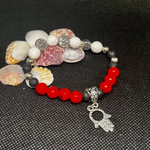 Red Howlite Turquoise, white and black Lava Beaded Diffuser Bracelet 7. Hamsa hand, and tree of life charms Silver beaded spacers. image 3