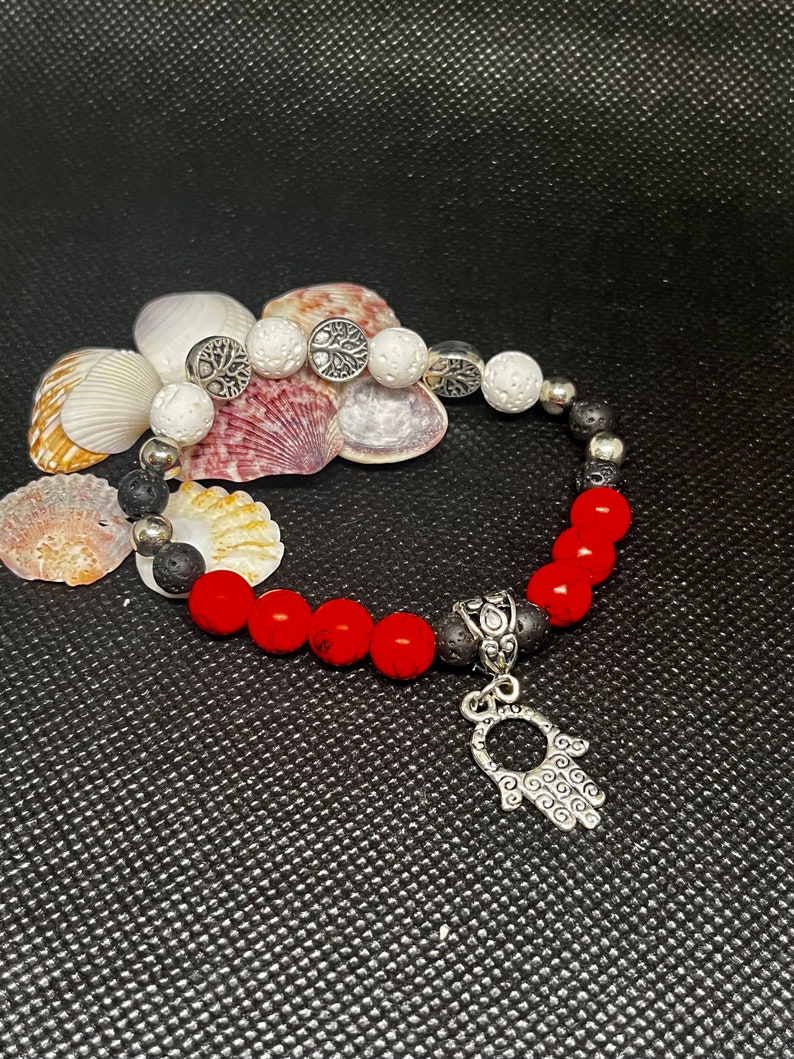 Red Howlite Turquoise, white and black Lava Beaded Diffuser Bracelet 7. Hamsa hand, and tree of life charms Silver beaded spacers. image 3