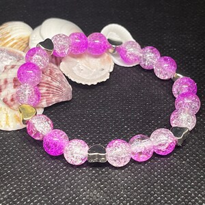 Crackled quartz Beaded Bracelet 6.5 beautiful pink and clear crackled quartz beads with heart spacers. Stackable bracelet. image 1