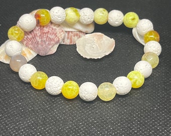 Yellow Agate Beaded 7.5” Diffuser Bracelet and White Lava stone. Stacked bracelet.  Essential oil, hippie boho bracelet.