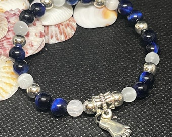 Lapis Lazuli Tiger Eye bracelet with foot charm and silver bead spacers 6.5”. Unisex.  Hippie boho bracelet. Stackable.