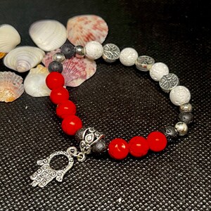 Red Howlite Turquoise, white and black Lava Beaded Diffuser Bracelet 7. Hamsa hand, and tree of life charms Silver beaded spacers. image 1