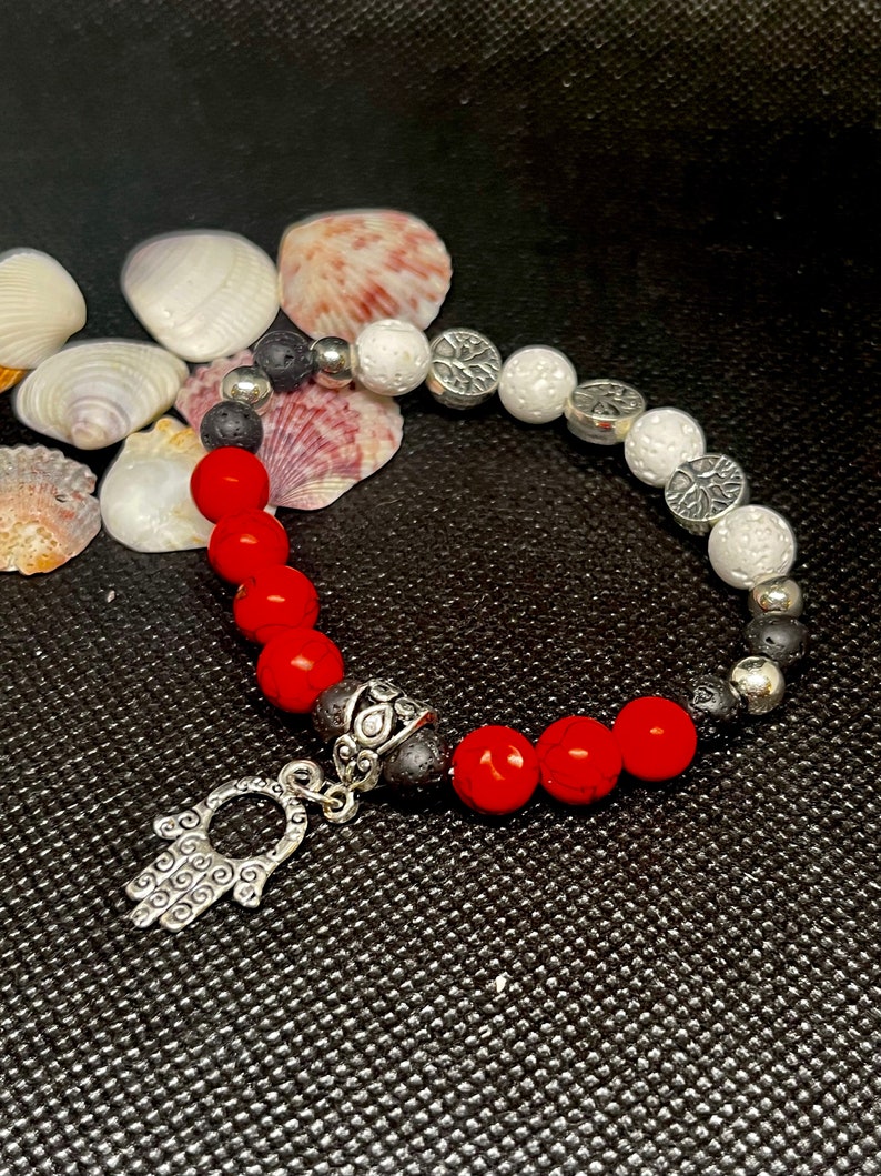 Red Howlite Turquoise, white and black Lava Beaded Diffuser Bracelet 7. Hamsa hand, and tree of life charms Silver beaded spacers. image 1