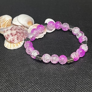 Crackled quartz Beaded Bracelet 6.5 beautiful pink and clear crackled quartz beads with heart spacers. Stackable bracelet. image 3