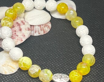 Yellow Agaye 7” Beaded Bracelet with Yellow Agate and White Lava stone. Stacked bracelets.  Essential oil bracelet.