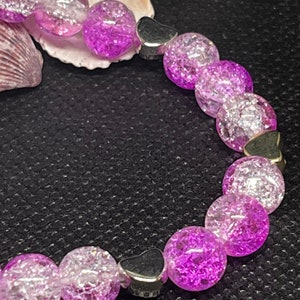 Crackled quartz Beaded Bracelet 6.5 beautiful pink and clear crackled quartz beads with heart spacers. Stackable bracelet. image 5