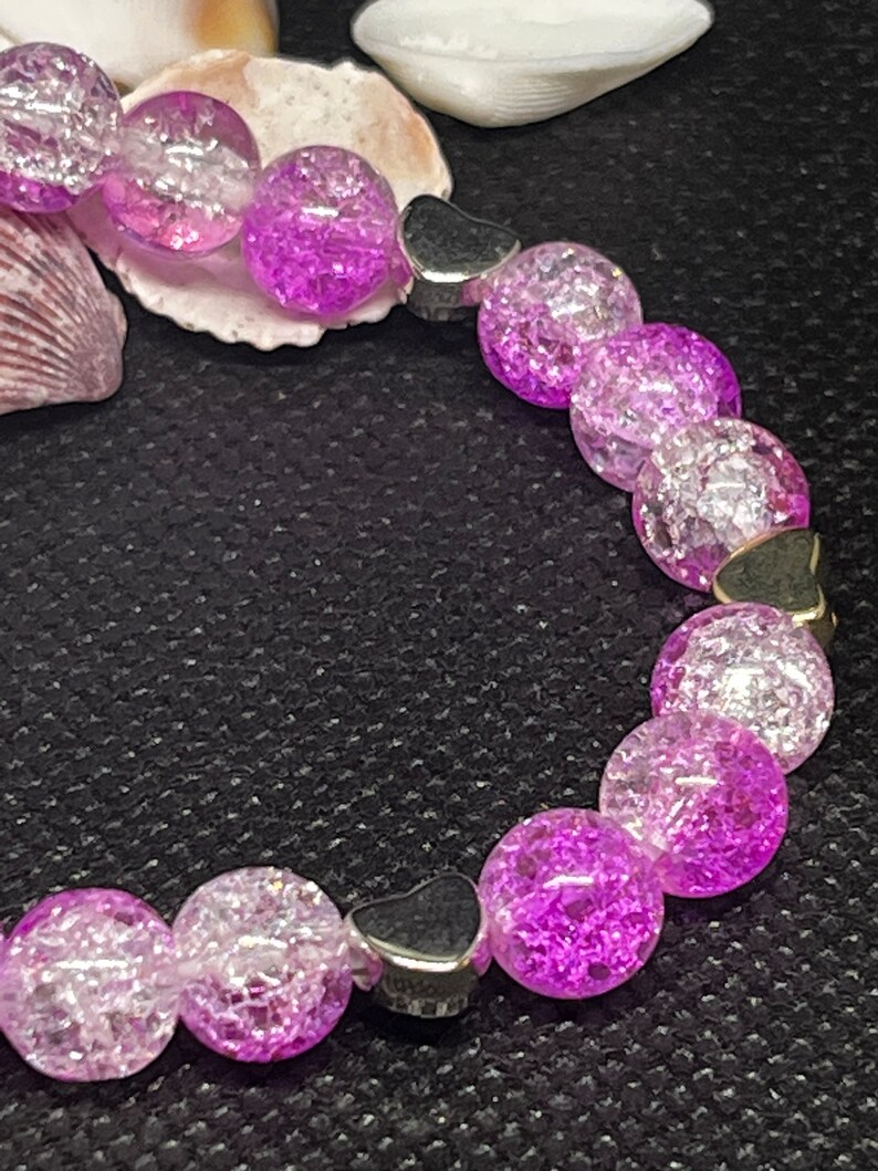 Crackled quartz Beaded Bracelet 6.5 beautiful pink and clear crackled quartz beads with heart spacers. Stackable bracelet. image 5