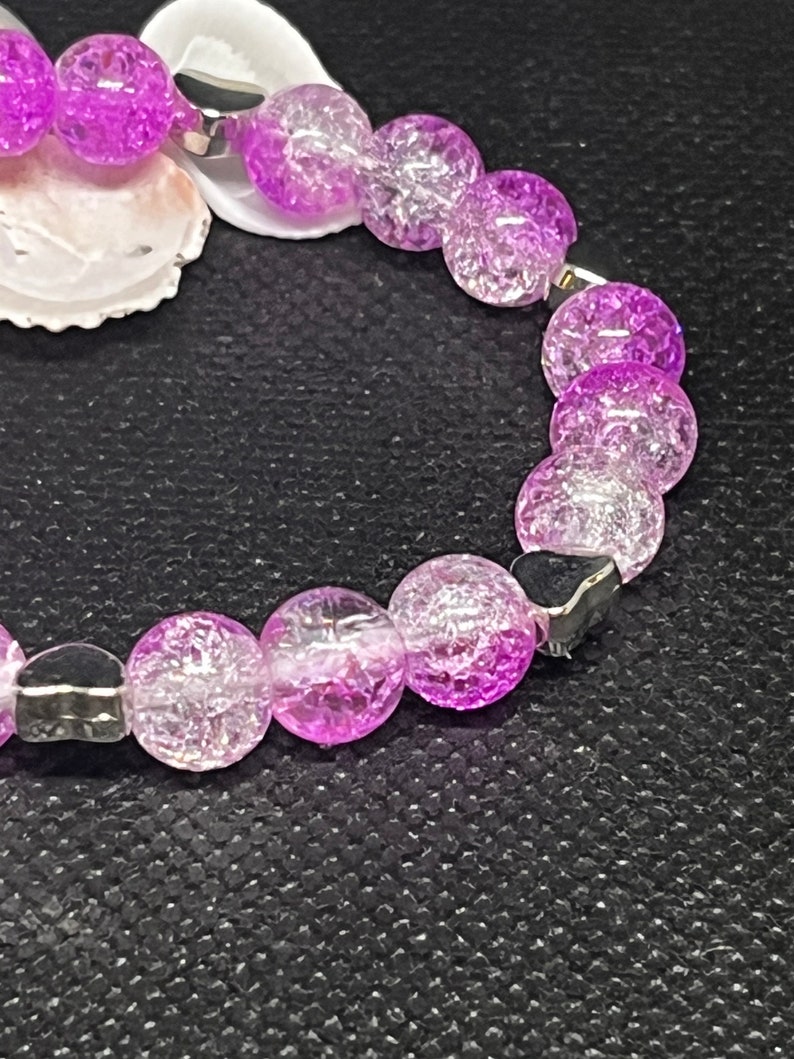 Crackled quartz Beaded Bracelet 6.5 beautiful pink and clear crackled quartz beads with heart spacers. Stackable bracelet. image 4