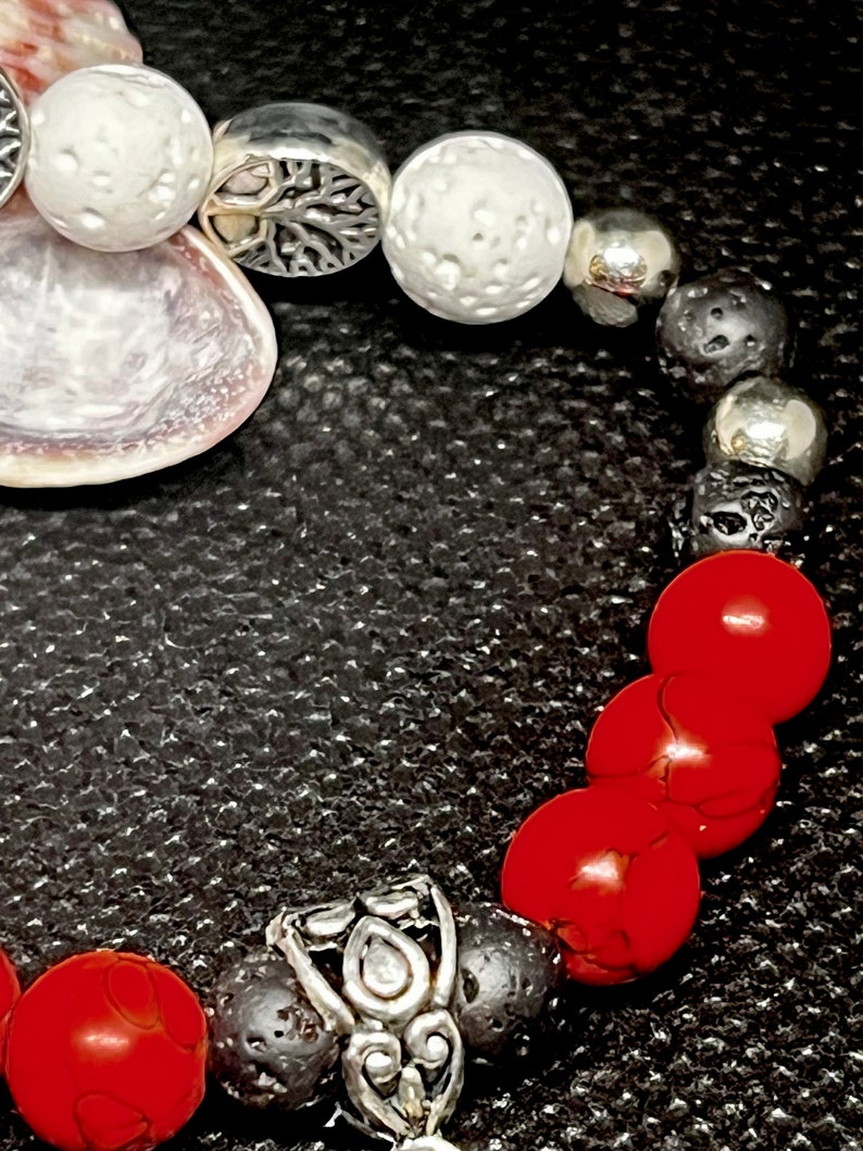 Red Howlite Turquoise, white and black Lava Beaded Diffuser Bracelet 7. Hamsa hand, and tree of life charms Silver beaded spacers. image 2