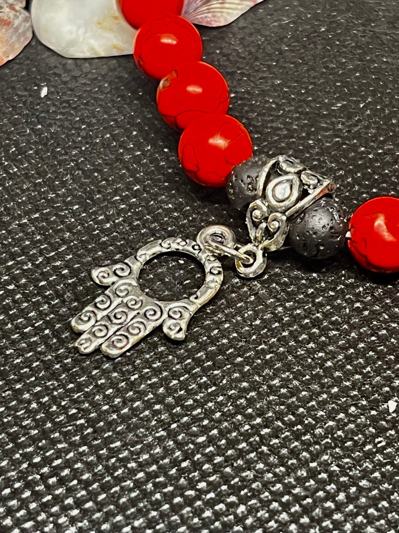 Red Howlite Turquoise, white and black Lava Beaded Diffuser Bracelet 7. Hamsa hand, and tree of life charms Silver beaded spacers. image 4