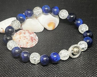 Lapis Lazuli Tiger Eye bracelet with silver bead charm and crackled glass beads 7”. Unisex.  Hippie boho bracelet. Stackable.