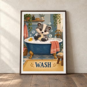 May include: A framed wall art print featuring a cartoon badger bathing in a blue clawfoot tub filled with bubbles. The badger holds a sponge, with a yellow rubber duck nearby. A coral towel hangs on the tub, and a yellow rug with the text WASH is below.