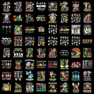 May include: A collection of graphic designs featuring various animals, objects, and puzzle piece patterns on a black background. Each design includes the text It's OK to be Different, It's Okay to be Different, or similar variations related to autism awareness.
