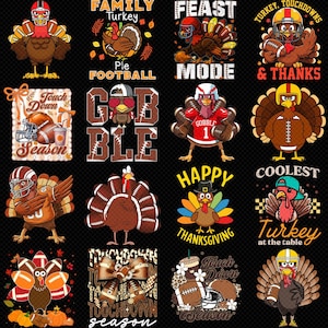 Könnte beinhalten: Eine Sammlung von sechzehn Thanksgiving- und Football-Grafikdesigns mit Cartoon-Truthähnen, Footballs, Helmen und Texten wie Family Turkey, Feast Mode, Touchdown Season und Gobble, alle vor einem schwarzen Hintergrund.