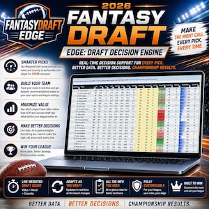 May include: A laptop displaying a 2026 Fantasy Draft Edge spreadsheet with player rankings and statistics. The graphic includes text such as Fantasy Draft Edge, Make the Right Call, and features icons for draft tools, a football, and data columns.