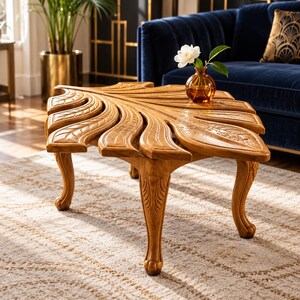 May include: A light brown wooden coffee table shaped like a large leaf with intricate carved veins on the surface. The table features three curved legs with detailed carvings and supports a small amber glass vase with a single white flower.