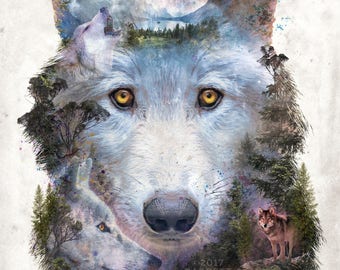 Moon Wolf Pack surrealism animal wolves forest * Fine Art Prints, Wrapped Canvas, Framed Canvas