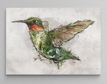 Ruby-throated hummingbird original art canvas or framed canvas prints * floral wildlife tropical bird wall art