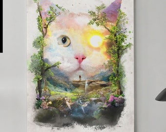 Day Cat original cat artwork print on canvas or framed canvas  * floral fantasy surreal nature wall art home decor