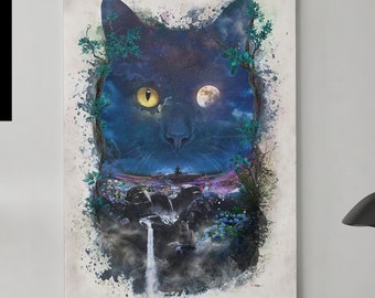 Night Cat original cat artwork print on canvas or framed canvas  * floral fantasy surreal nature wall art home decor