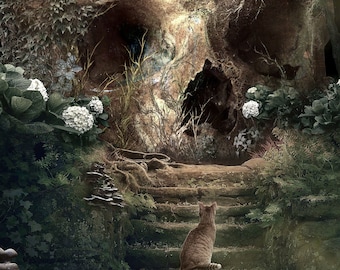 Curiosity's Garden * Skull Cat Dark Art Painting Surrealism * Fine Art Prints, Wrapped Canvas, Framed Canvas