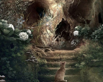 Curiosity's Garden * Skull Cat Dark Art Painting Surrealism * Fine Art Prints, Wrapped Canvas, Framed Canvas