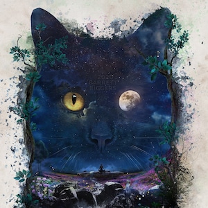 Night Cat Moon Fantasy Cat Lovers Dark Art Surrealism Etsy