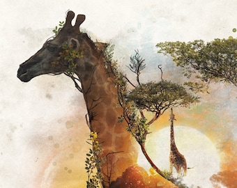 Giraffe surreal * Animal wall art * Wildlife nature home decor  * Fine Art Prints, Wrapped Canvas, Framed Canvas
